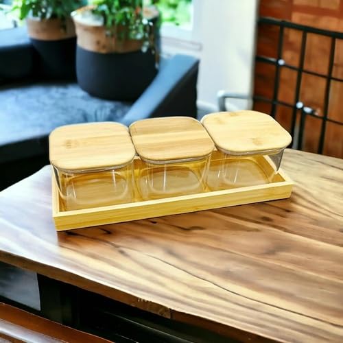 Set of 3 Borosilicate Glass Snack Jars with Wooden Tray