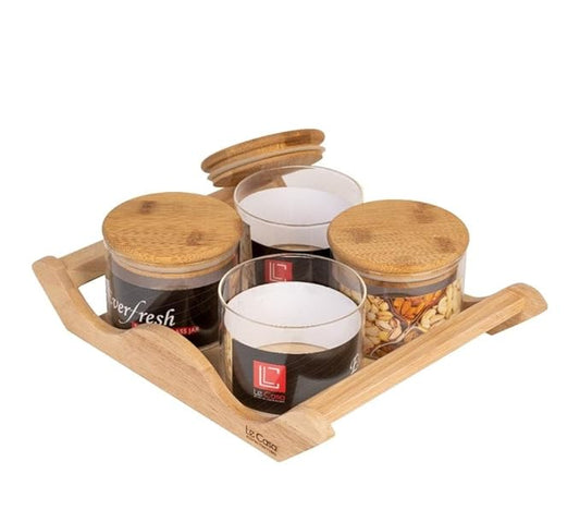 Modern Borosilicate Serving Bowl Set with Swinging Wooden Tray & Airtight Bamboo Lids