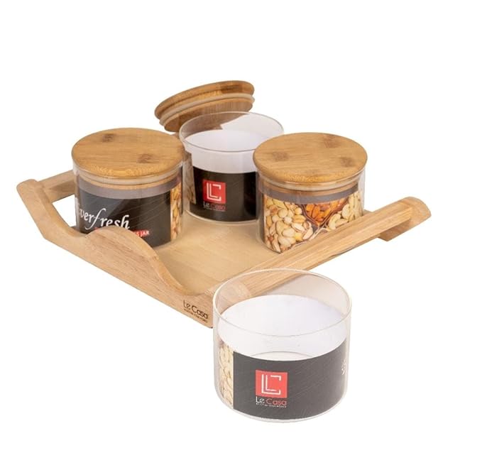 Modern Borosilicate Serving Bowl Set with Swinging Wooden Tray & Airtight Bamboo Lids