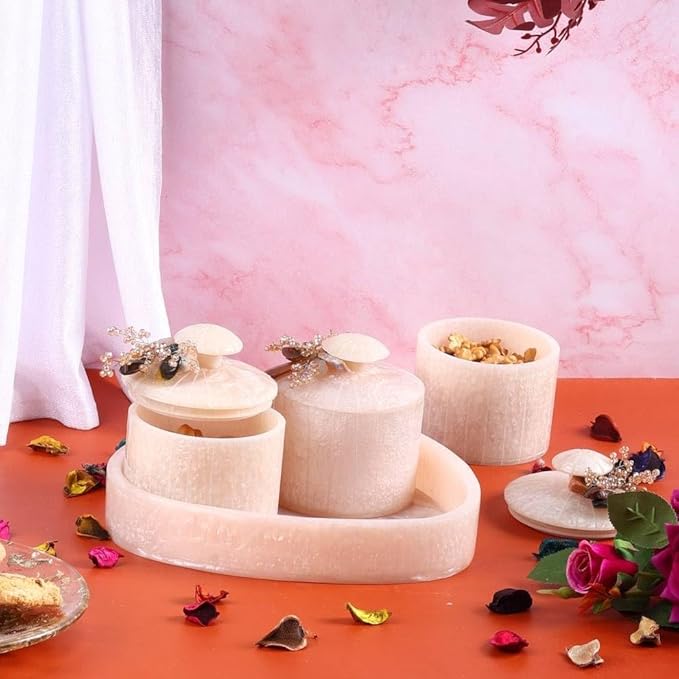 White Marble Dry Fruit Organiser Set of 3 With Beautiful Tray