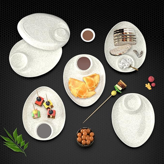 Deluxe Melamine Serving Platter Set of 6 - Chip & Dip Dishes for Snacks & Desserts (Marble White)