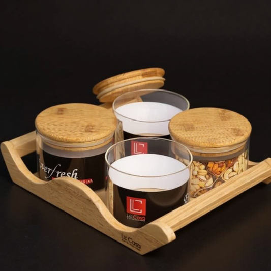 Modern Borosilicate Serving Bowl Set with Swinging Wooden Tray & Airtight Bamboo Lids