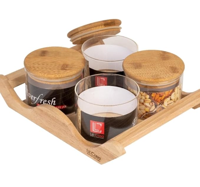 Modern Borosilicate Serving Bowl Set with Swinging Wooden Tray & Airtight Bamboo Lids