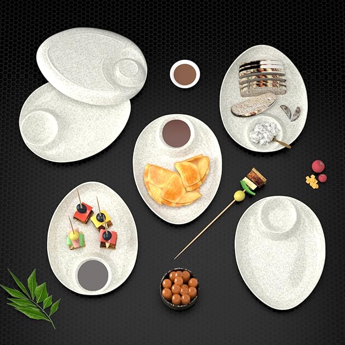 Deluxe Melamine Serving Platter Set of 6 - Chip & Dip Dishes for Snacks & Desserts (Marble White)